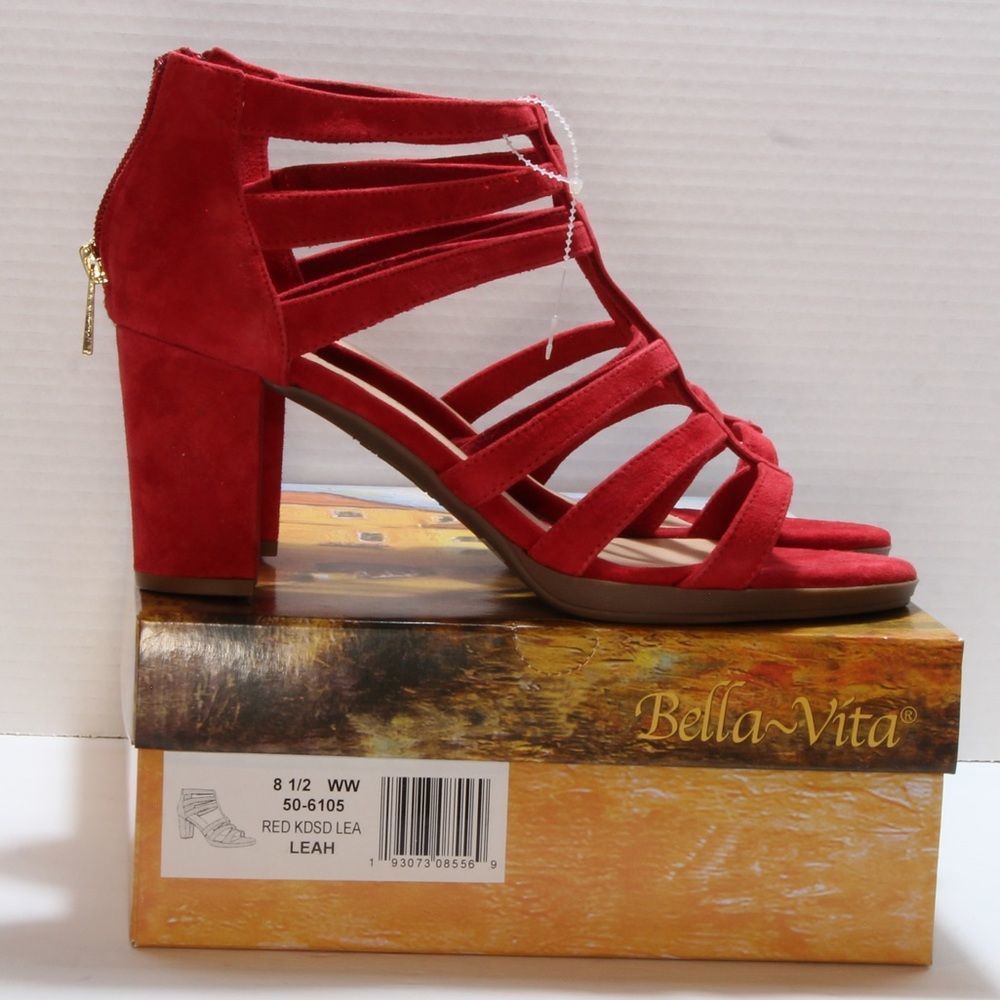 Bella Vita Red Faux Suede Leah Heeled Sandal with Back Zipper Size 8.5 WW